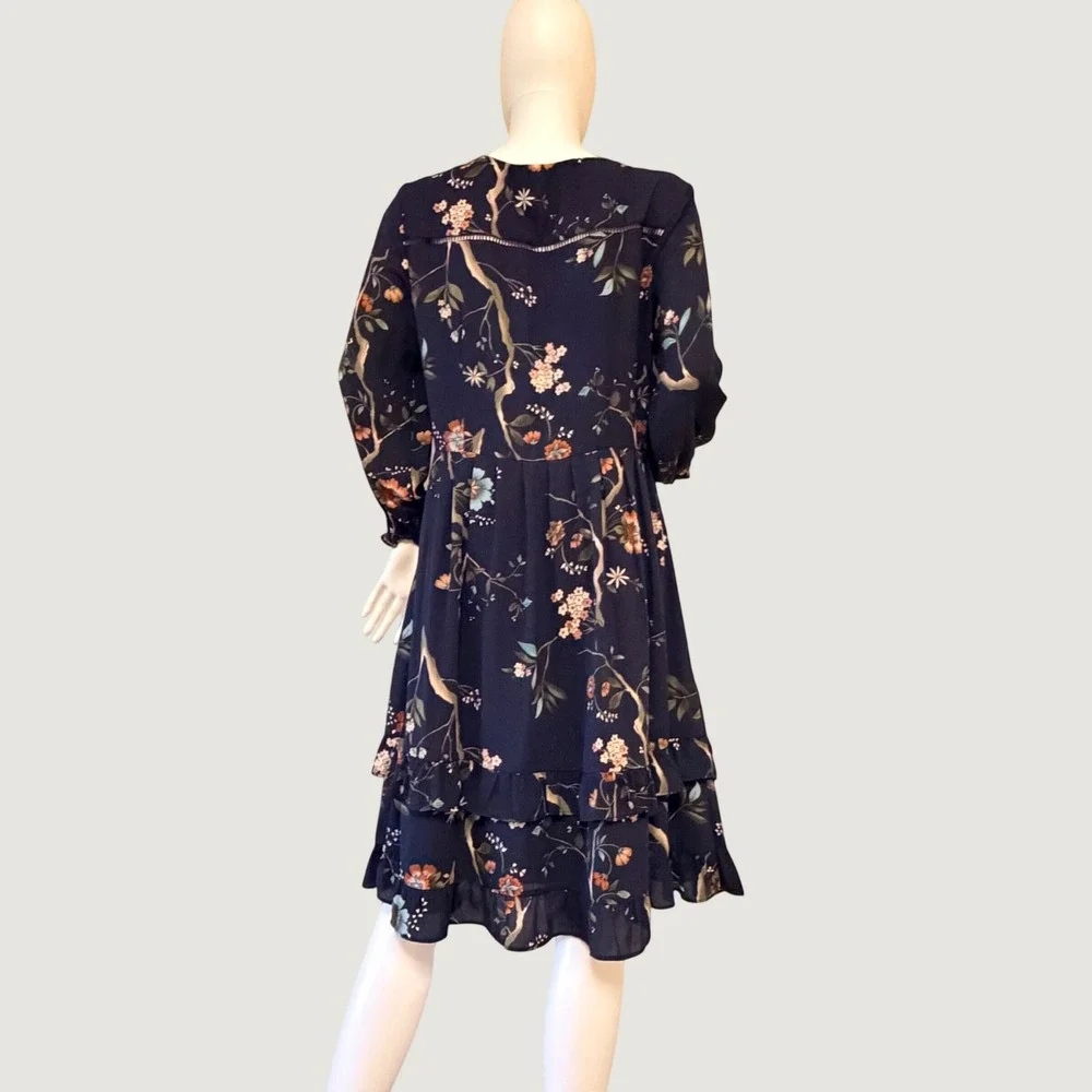 Nanette Lepore Womens Navy Blue Floral V-Neck Tiered Ruffle Midi Dress Size 10